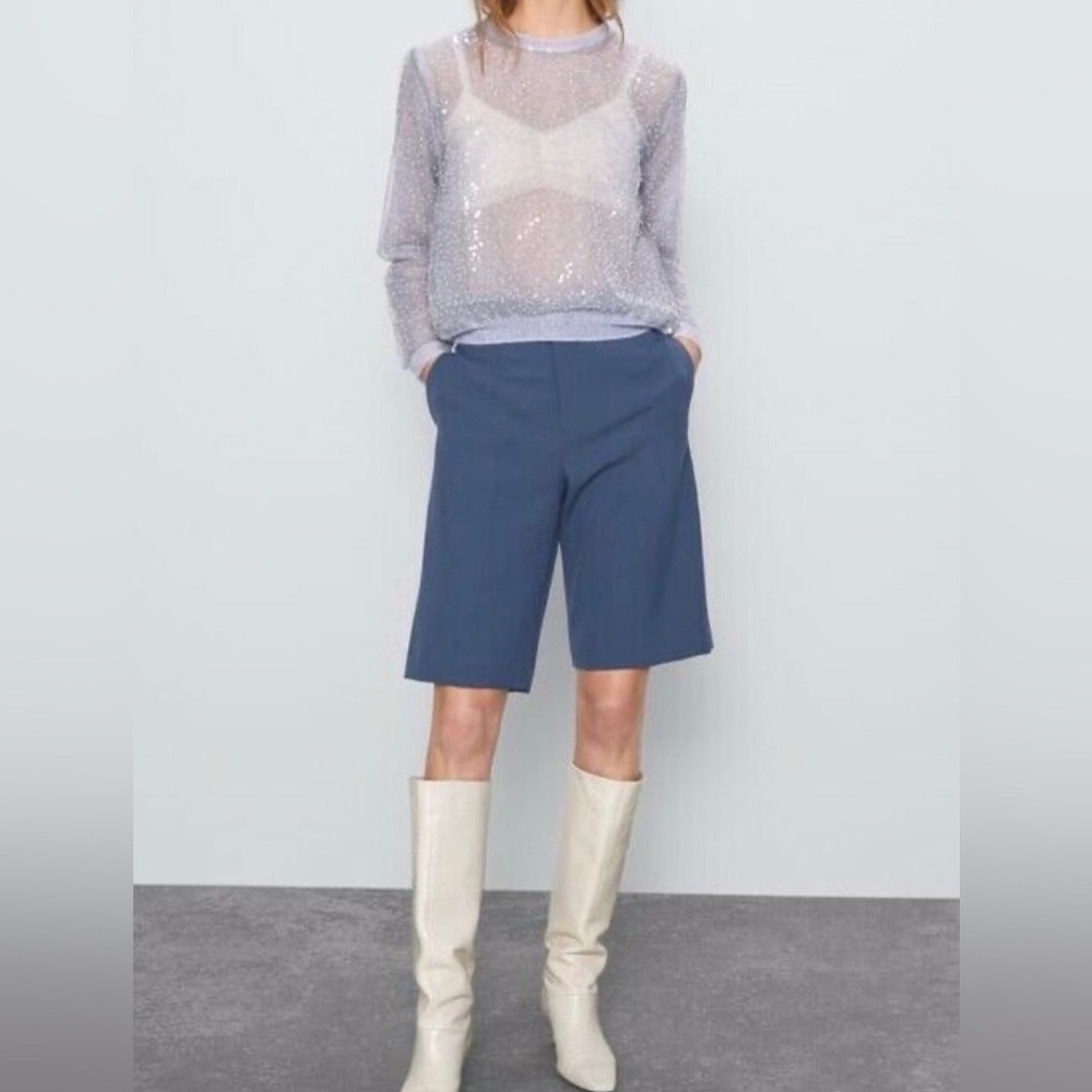 Zara Silver Sequin Sheer Long-Sleeve Top, Brand New, No Sticker